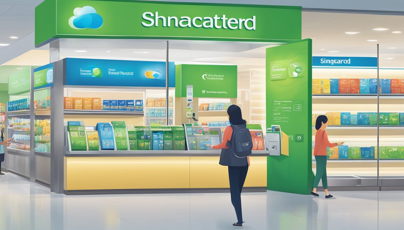 A person using a Standard Chartered credit card to redeem reward points at a Singaporean store