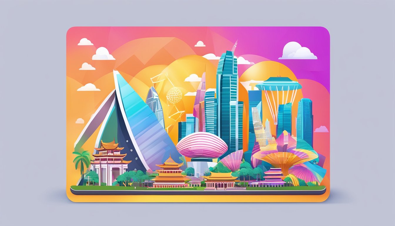 A gleaming SC Rewards+ Card surrounded by iconic Singapore landmarks, with reward points floating around it in a vibrant display of exclusive benefits