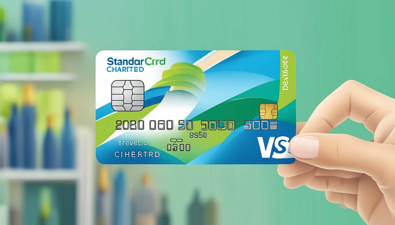 A hand holding a Standard Chartered rewards card, with various reward options in the background, such as travel, shopping, and dining