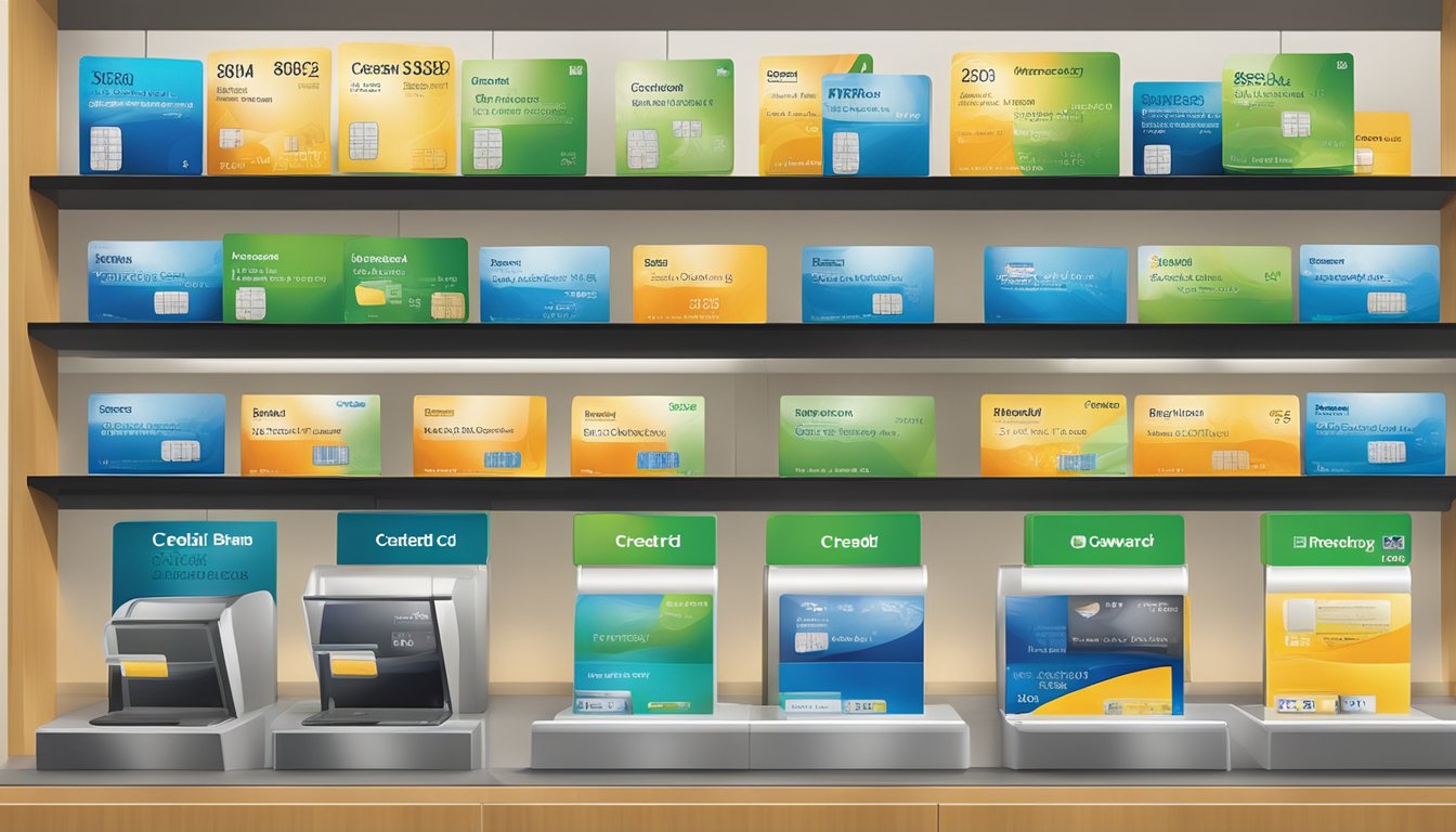 A table displaying various credit card options with reward redemption brochures in a standard chartered bank branch in Singapore