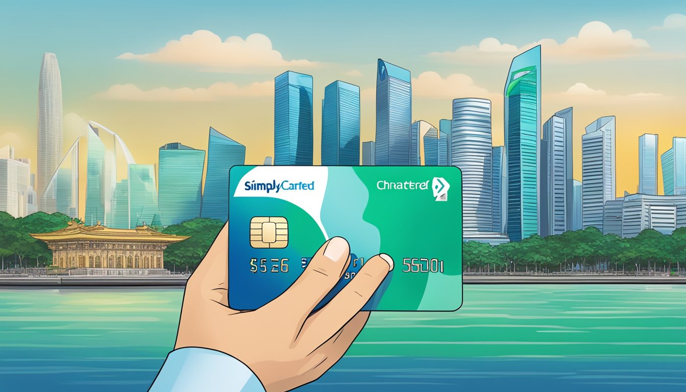 A hand holding a Standard Chartered Simply Cash Card with the Singapore skyline in the background