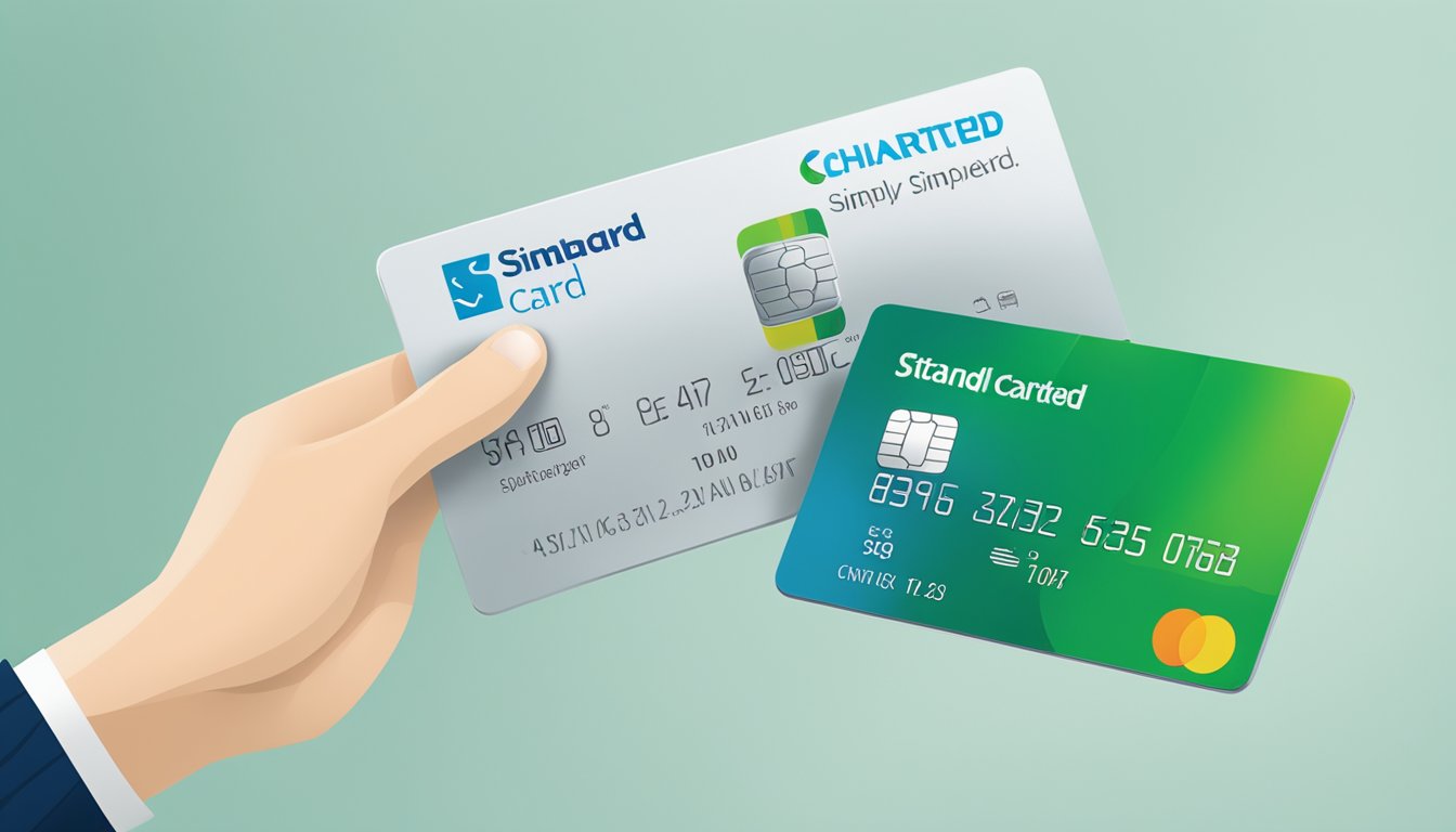 A Singaporean hand holding a Standard Chartered Simply Cash card, with the eligibility and application information displayed on a digital device