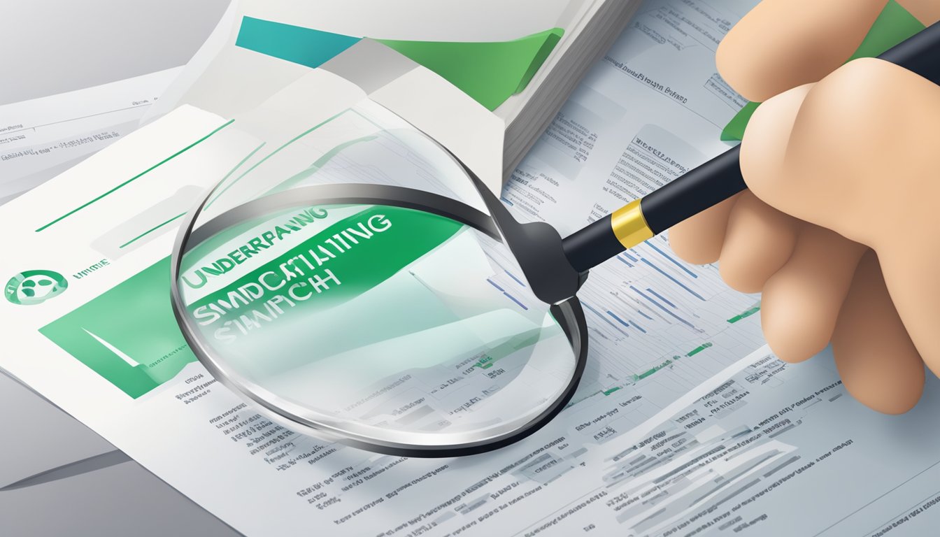 A hand holding a magnifying glass over a document with "Understanding the Fine Print standard chartered simply cash singapore" written in small print