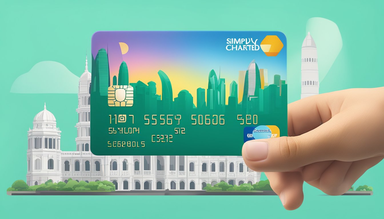 A hand holding a Standard Chartered Simply Cash credit card against a backdrop of iconic Singapore landmarks
