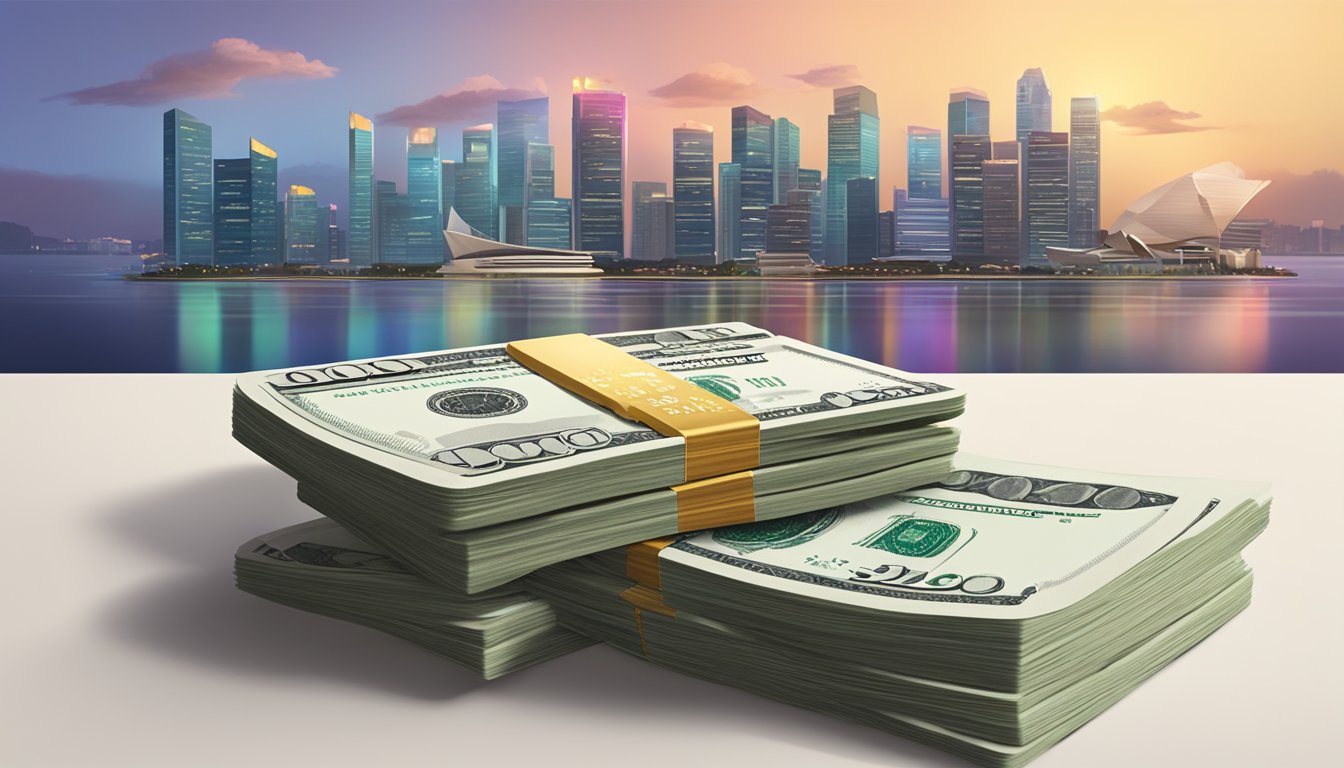 A stack of cash, a credit card, and a Singaporean skyline in the background