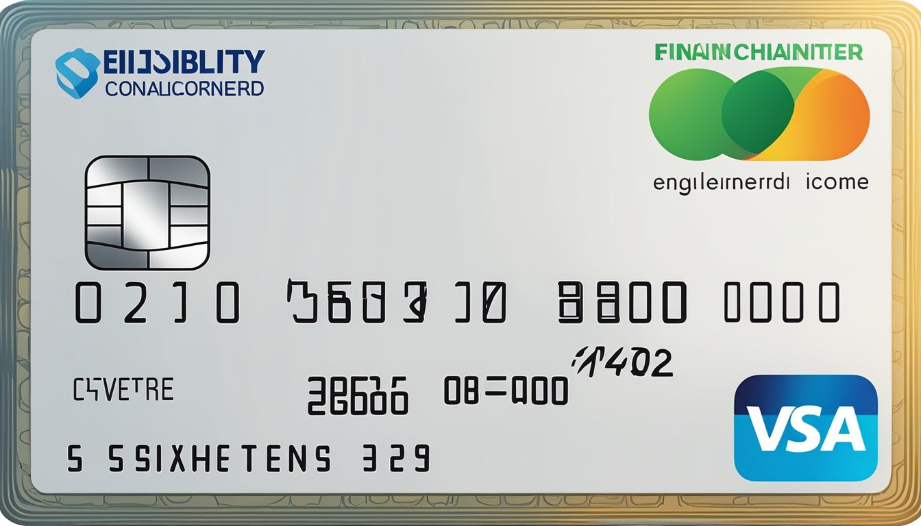 A credit card with "Eligibility and Income Requirements" text displayed, surrounded by financial symbols and a standard chartered logo