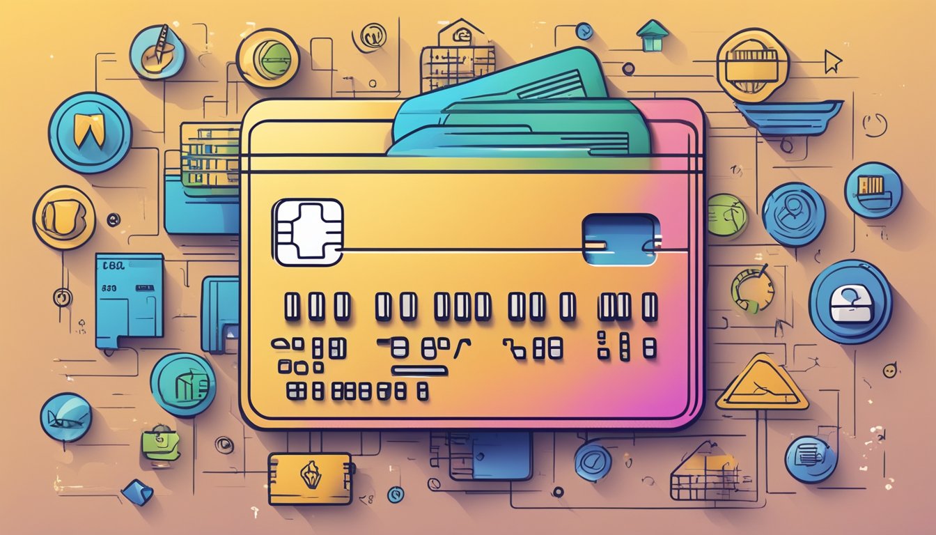 A credit card surrounded by various fees and charges symbols and text