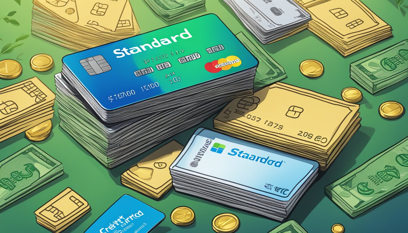 A stack of cash and a credit card with the Standard Chartered logo, surrounded by symbols representing rewards and exclusions
