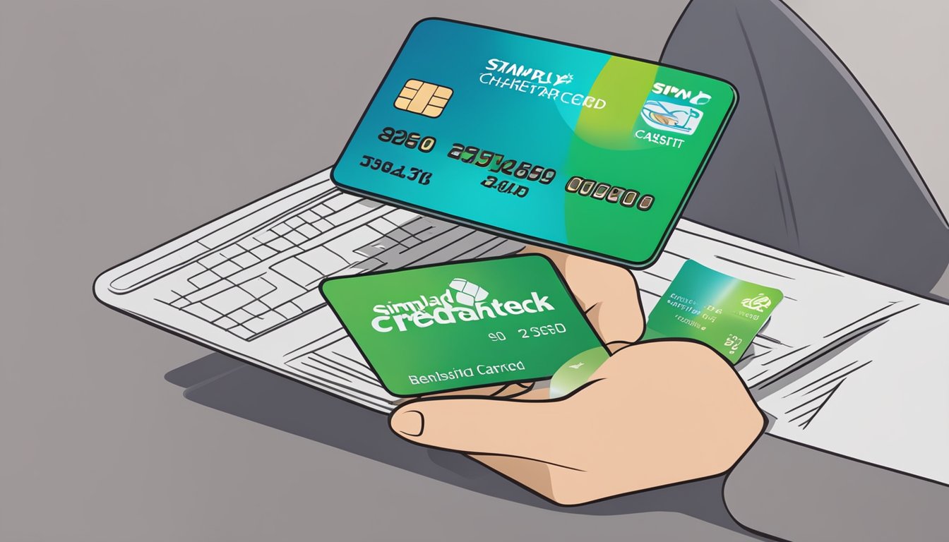 A hand holding a standard chartered simply cash credit card next to a pile of cashback rewards and a list of benefits