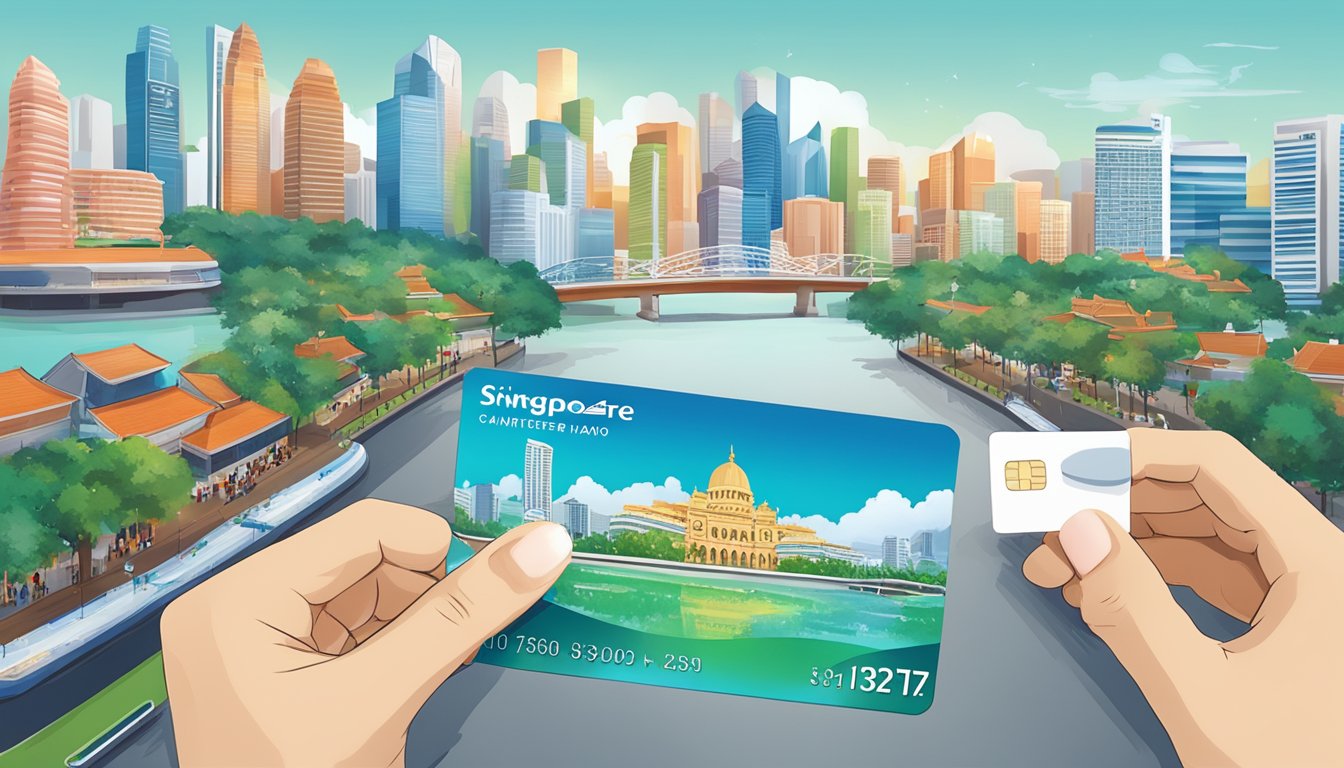 A vibrant cityscape with iconic Singapore landmarks and a Standard Chartered Spree Card prominently displayed in a shopper's hand