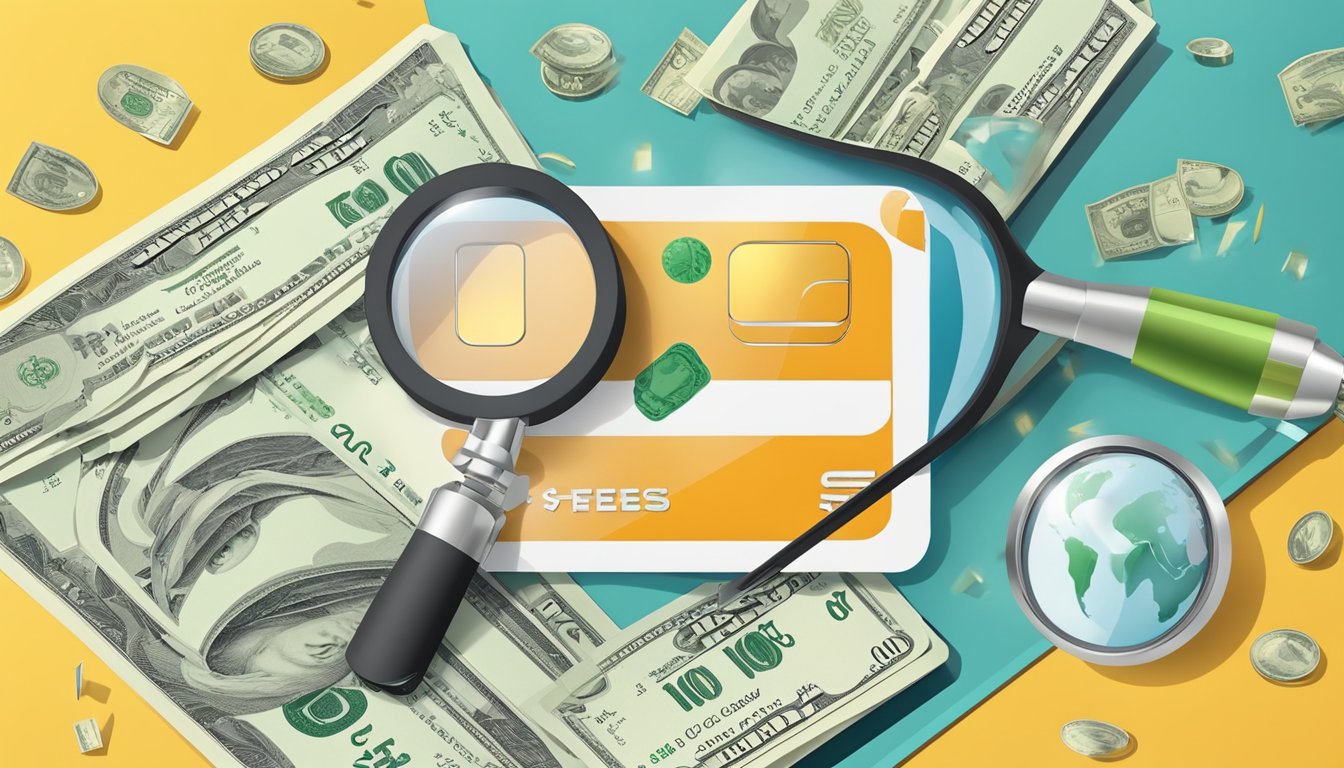 A credit card surrounded by dollar signs, arrows pointing to various fees and charges, with a magnifying glass highlighting the fine print