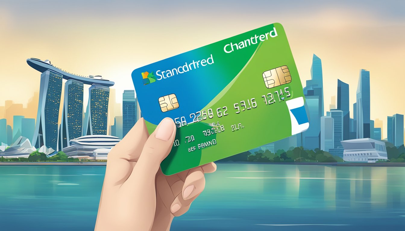 A hand holding a Standard Chartered Spree Card, with the Singapore skyline in the background