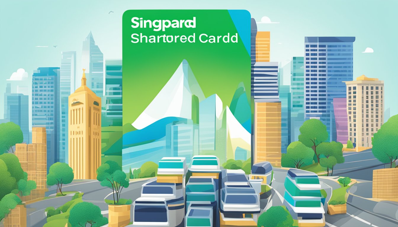 A stack of FAQ cards with Standard Chartered Spree Card logo, surrounded by Singaporean landmarks