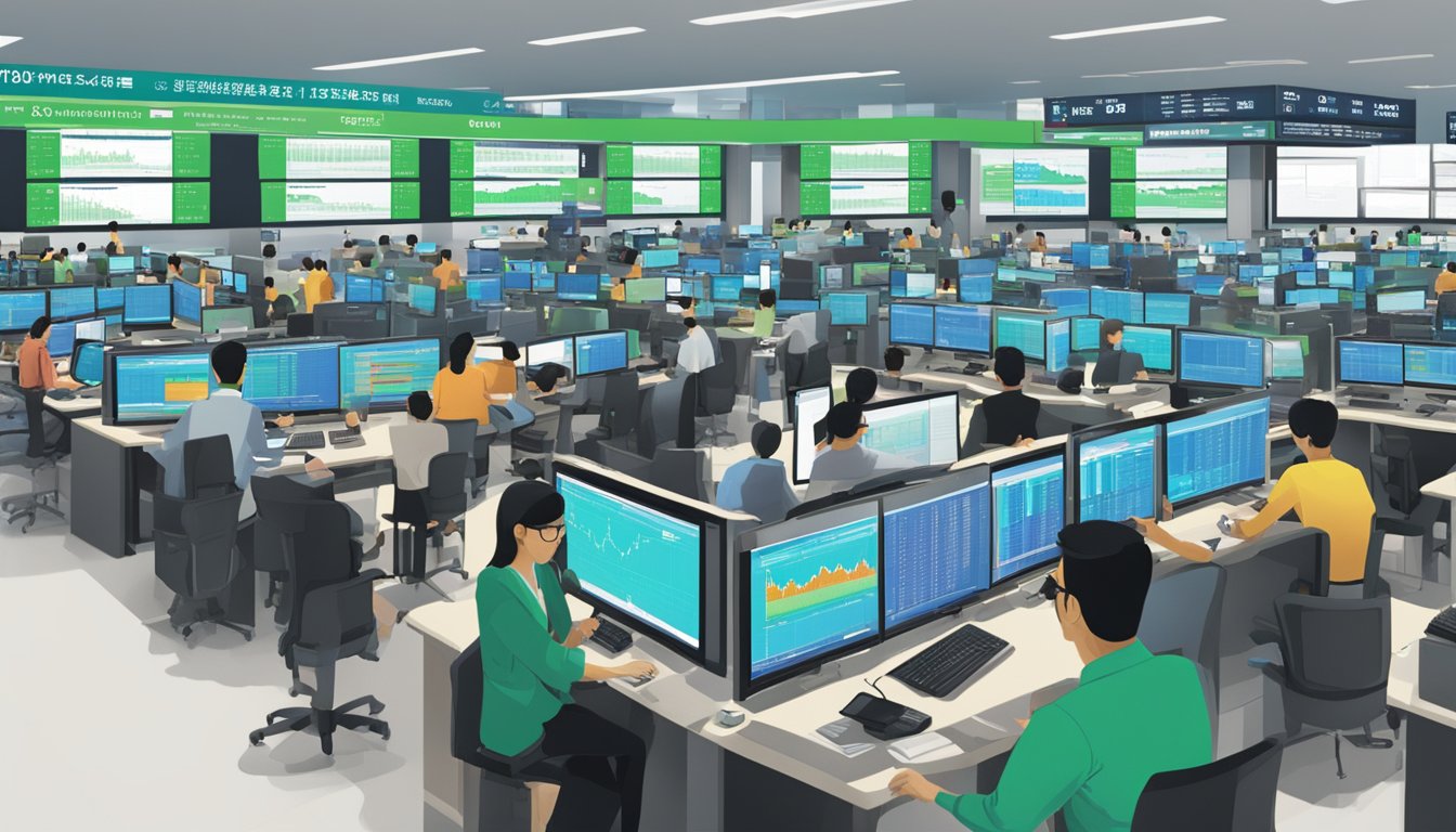 A bustling Singapore trading floor with digital screens displaying Standard Chartered trading charges