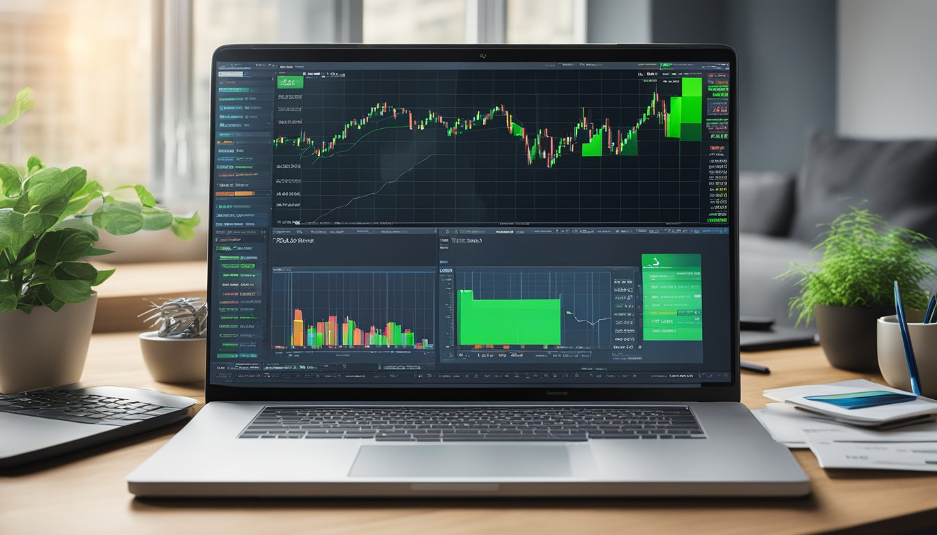 A computer screen displaying a trading platform with the Standard Chartered logo, surrounded by financial charts and graphs