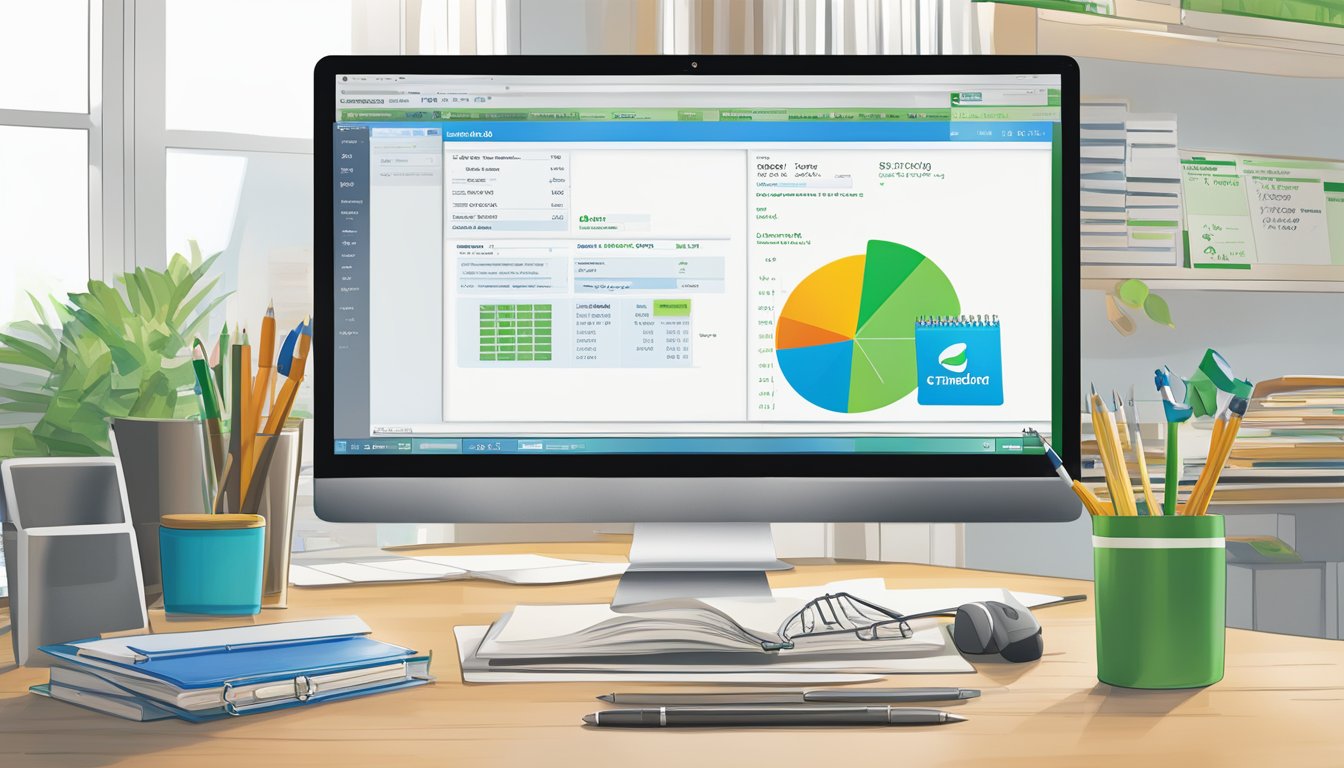 A computer screen displays the Standard Chartered logo and a list of trading fees. A pen and notebook sit beside it, ready for note-taking
