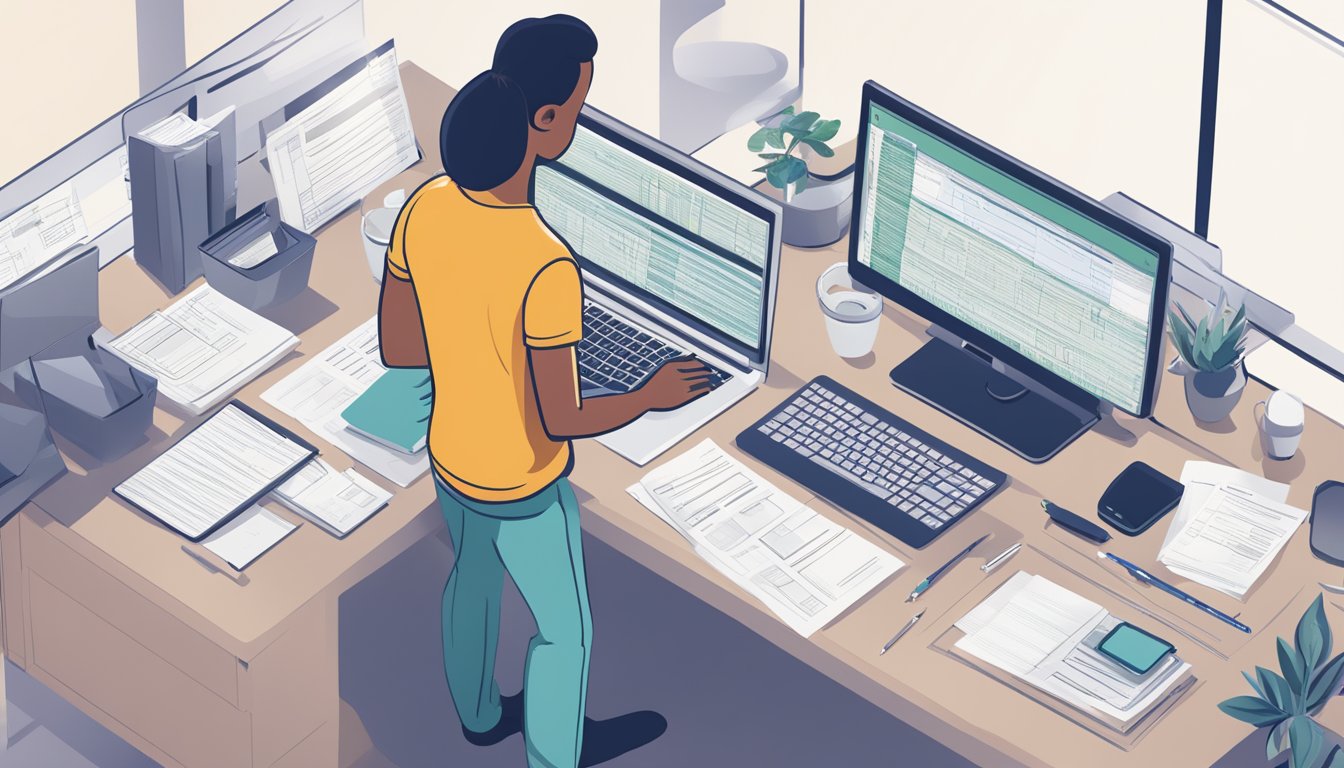 A person at a desk, filling out forms with a pen, surrounded by financial documents and a computer screen displaying trading fees