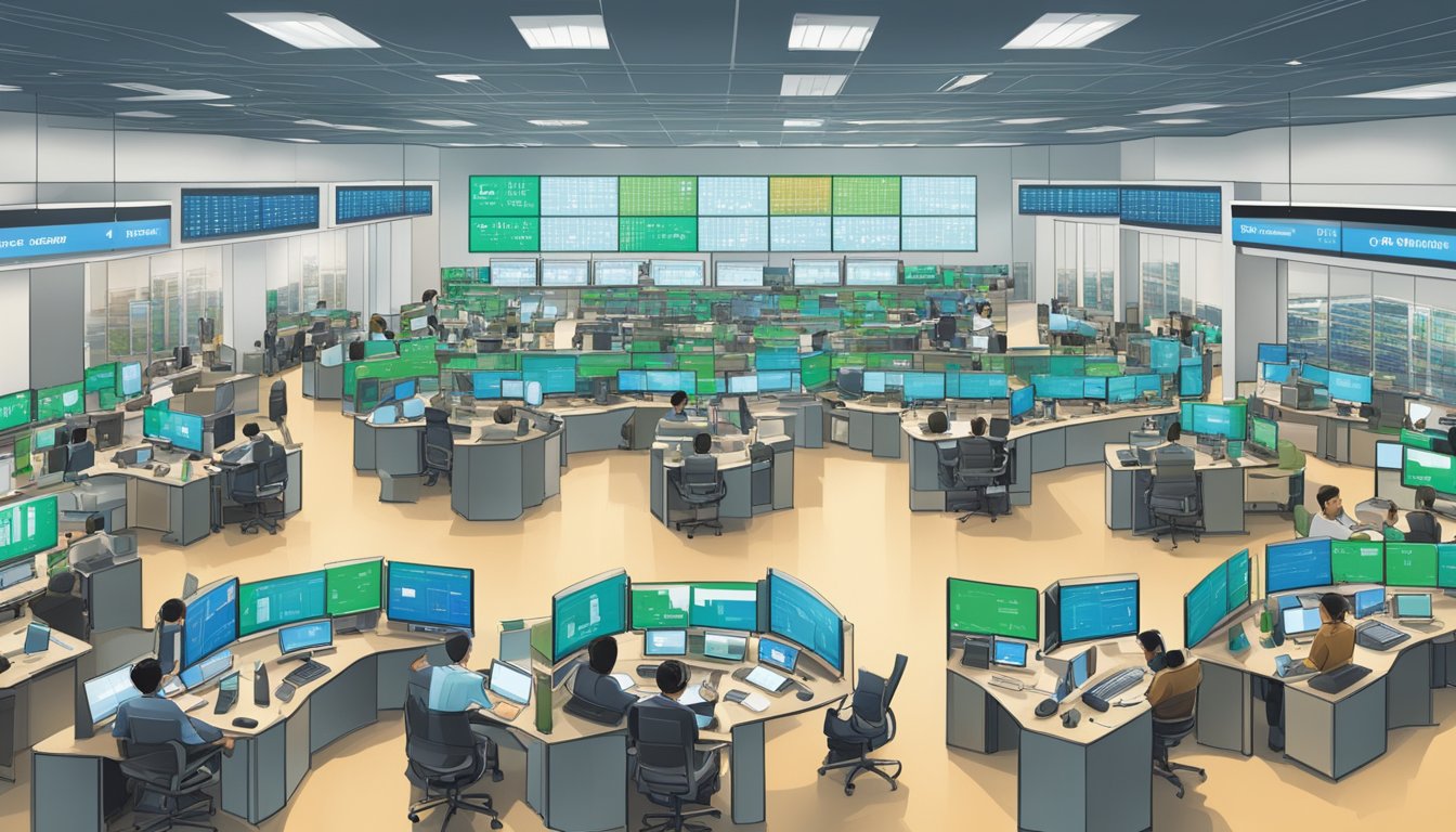 A bustling trading floor with various investment products displayed and market access charts. Standard Chartered trading fees prominently featured