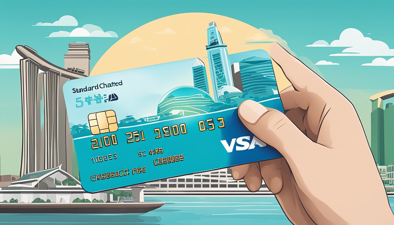 A hand holding a Standard Chartered Unlimited Cashback Credit Card against a backdrop of iconic Singapore landmarks like Marina Bay Sands and the Merlion