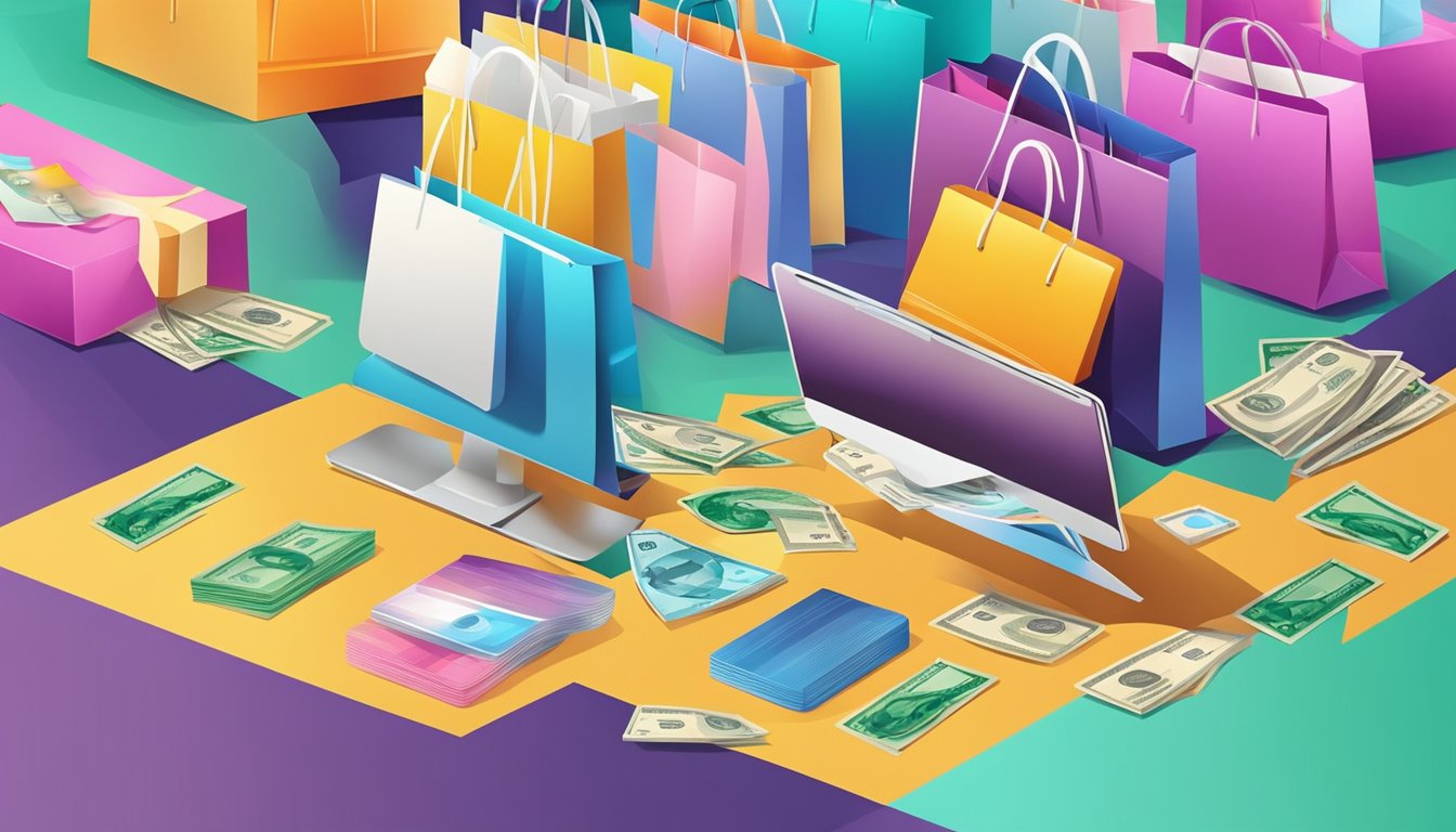 A credit card surrounded by cash and shopping bags, with a bright and modern background