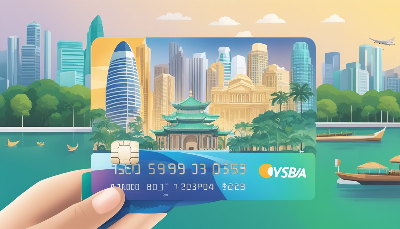 A hand holding a Standard Chartered Unlimited Cashback credit card against a backdrop of iconic Singapore landmarks