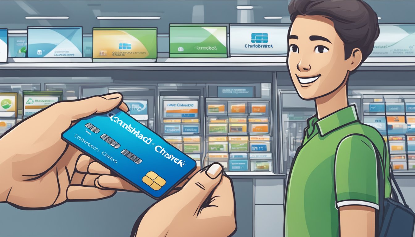 A person swiping a Standard Chartered Unlimited Cashback Credit Card at various merchants, with cashback rewards accumulating in the background