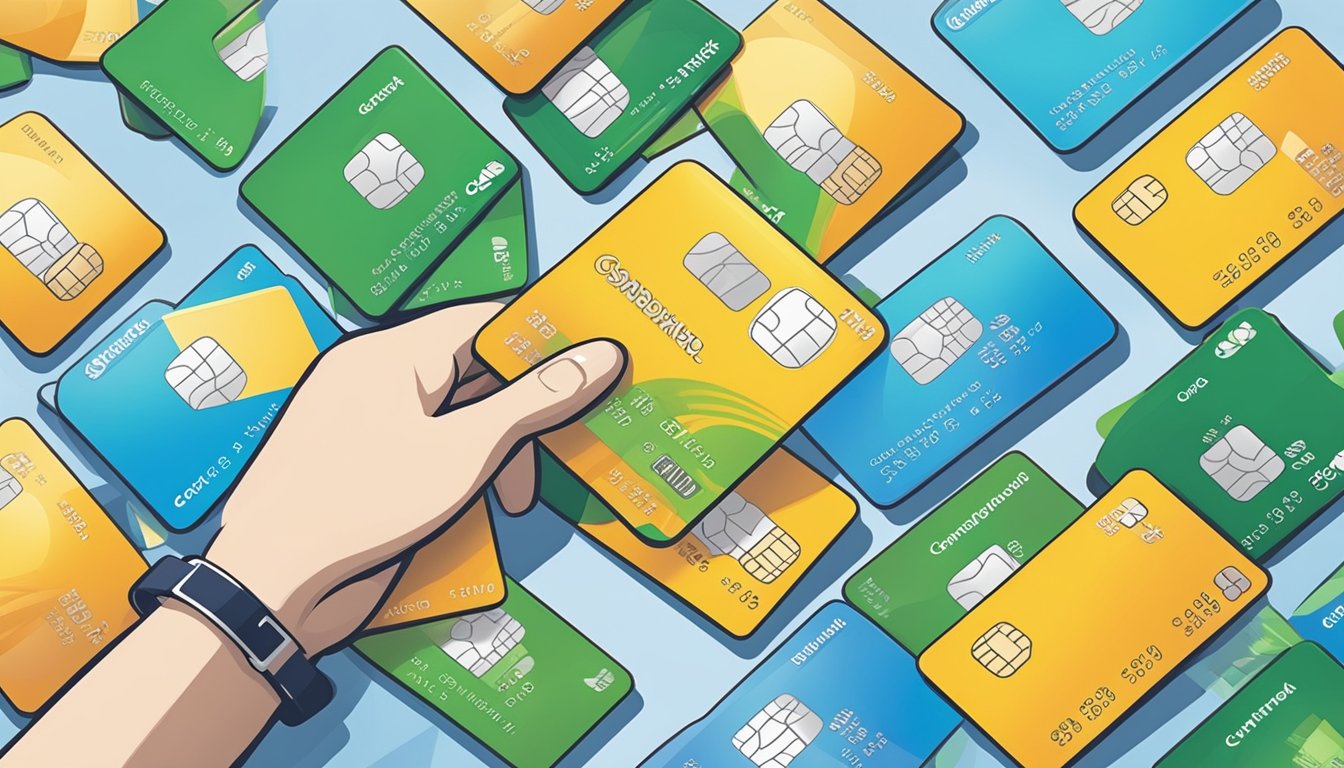 A hand holding a standard chartered unlimited cashback credit card, surrounded by other cashback cards
