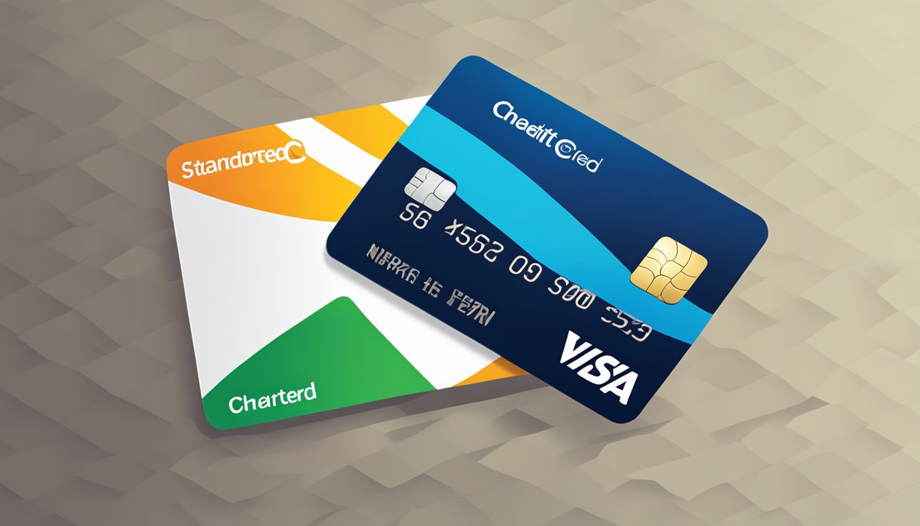 Two credit cards facing each other, with the Standard Chartered Unlimited card on one side and the Spree Singapore card on the other