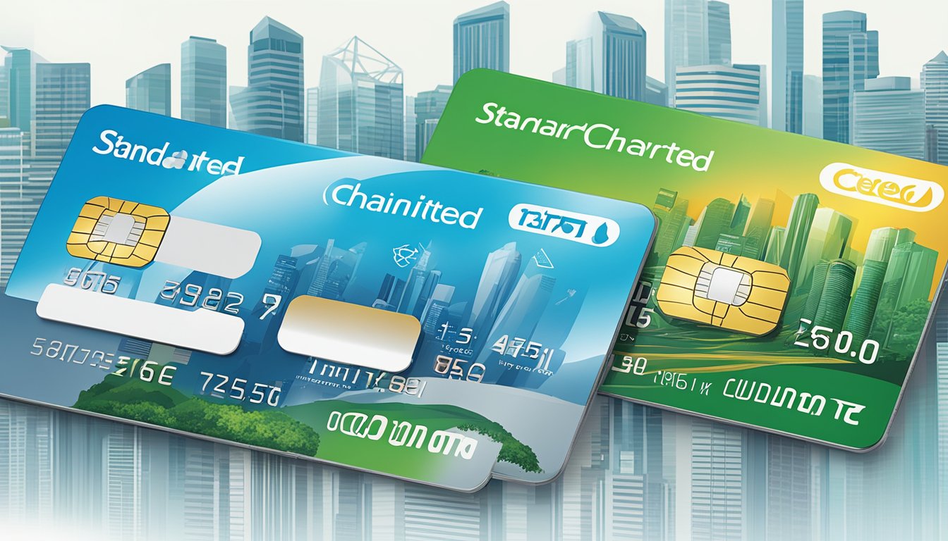 A lineup of Standard Chartered credit cards, with "Unlimited" and "Spree" prominently displayed, against a backdrop of the Singapore skyline