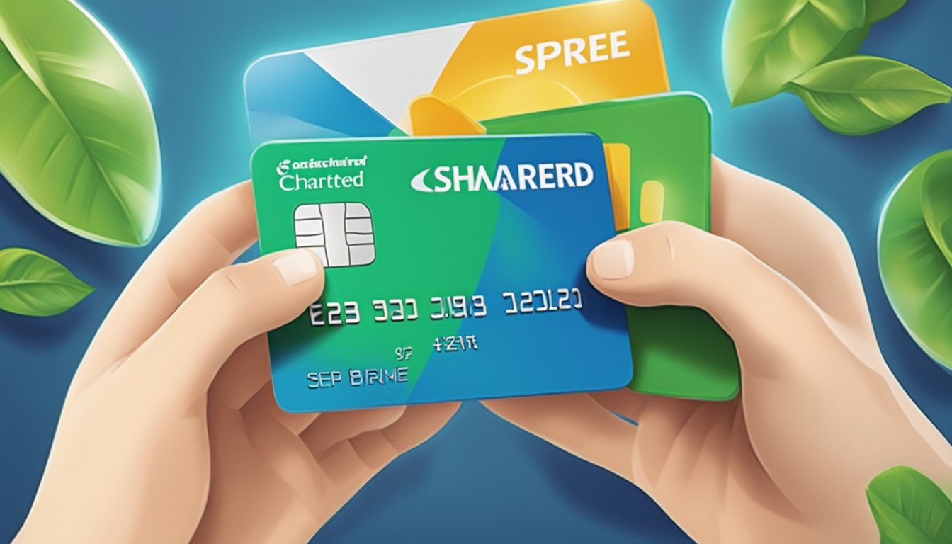 A cashback and perks battle: two credit cards face off, each vying for the attention of potential users. The Standard Chartered Unlimited card stands confidently, while the Spree Singapore card exudes a sense of energy and excitement