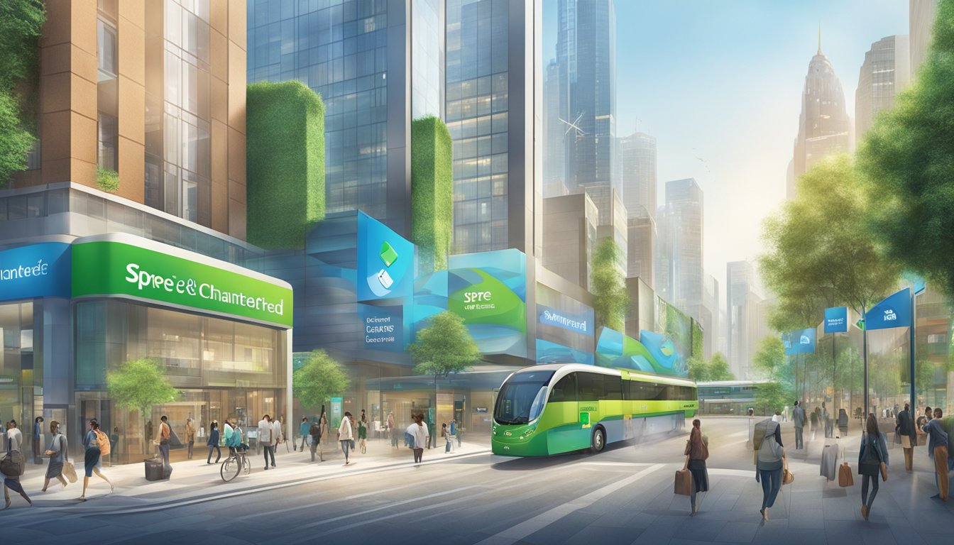 A modern cityscape with standard chartered unlimited and spree logos integrated into daily life, showcasing payment flexibility