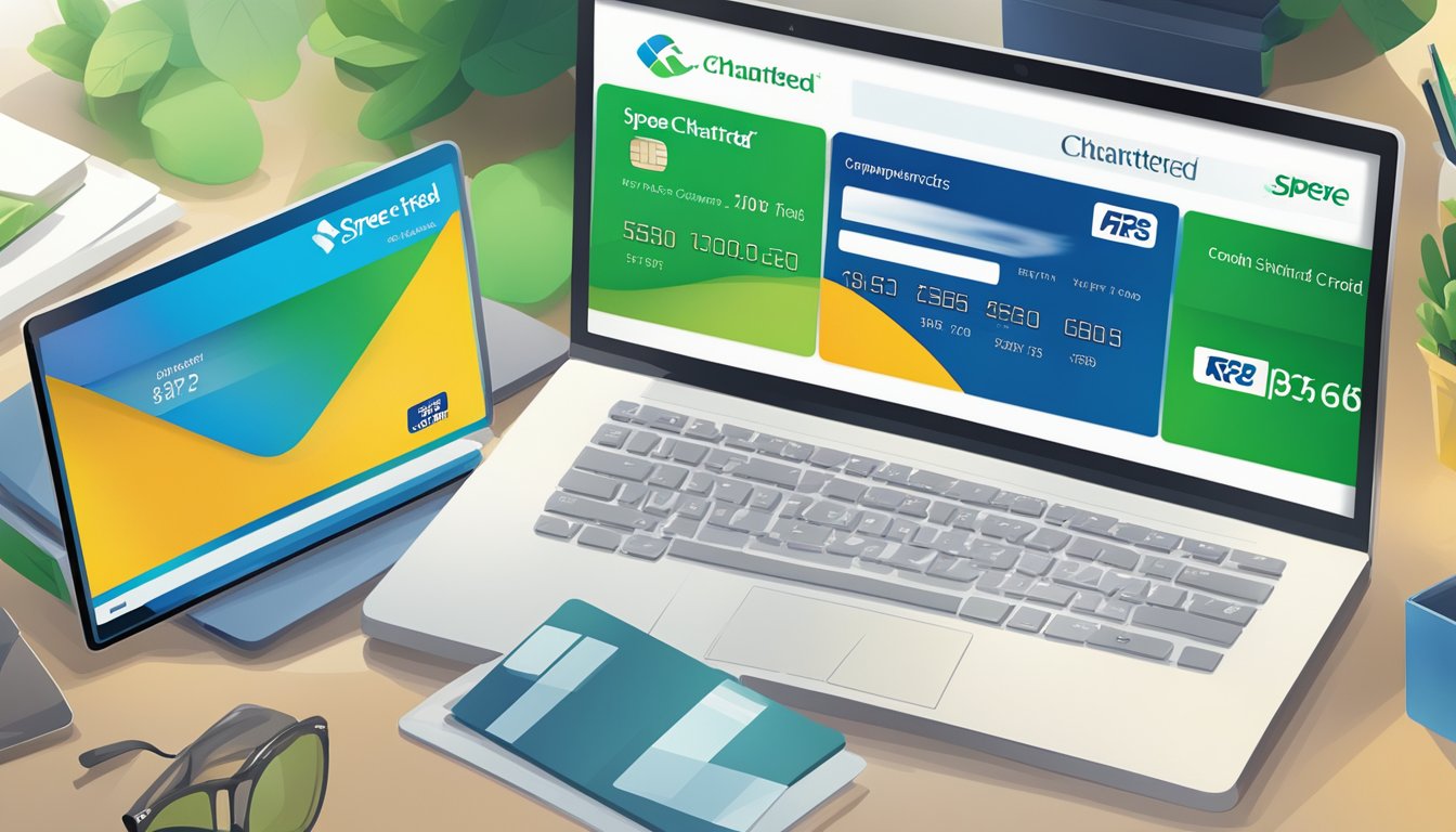 A computer screen displaying the comparison between Standard Chartered Unlimited and Spree credit cards, with a list of frequently asked questions below