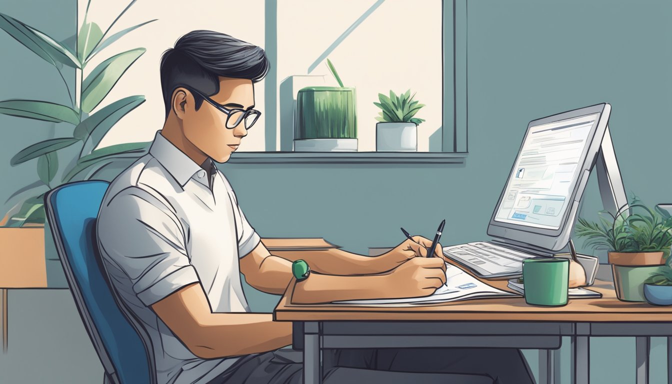 A person sitting at a desk, writing out a check or using a digital device to make a payment for their standard chartered vehicle loan in Singapore