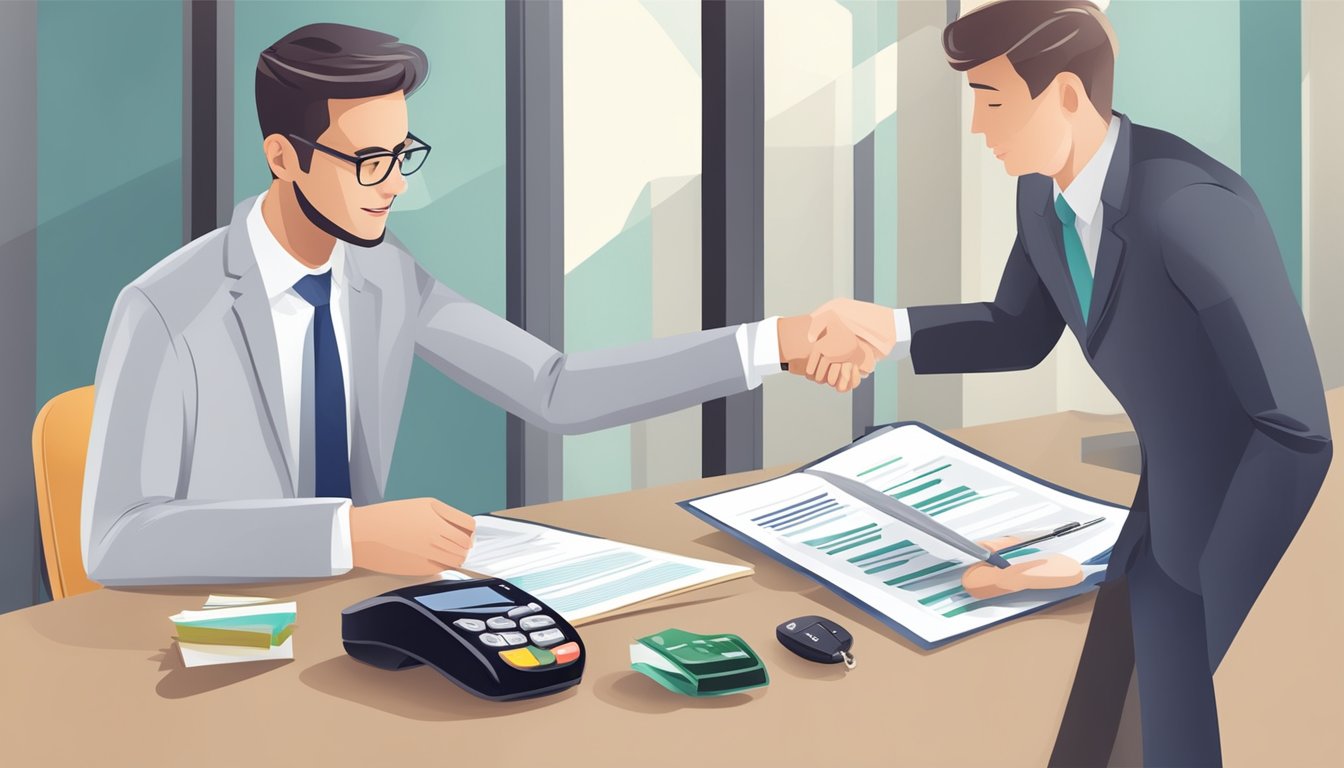 A person receiving car keys from a bank representative, with a signed loan agreement and a brochure on managing car loans