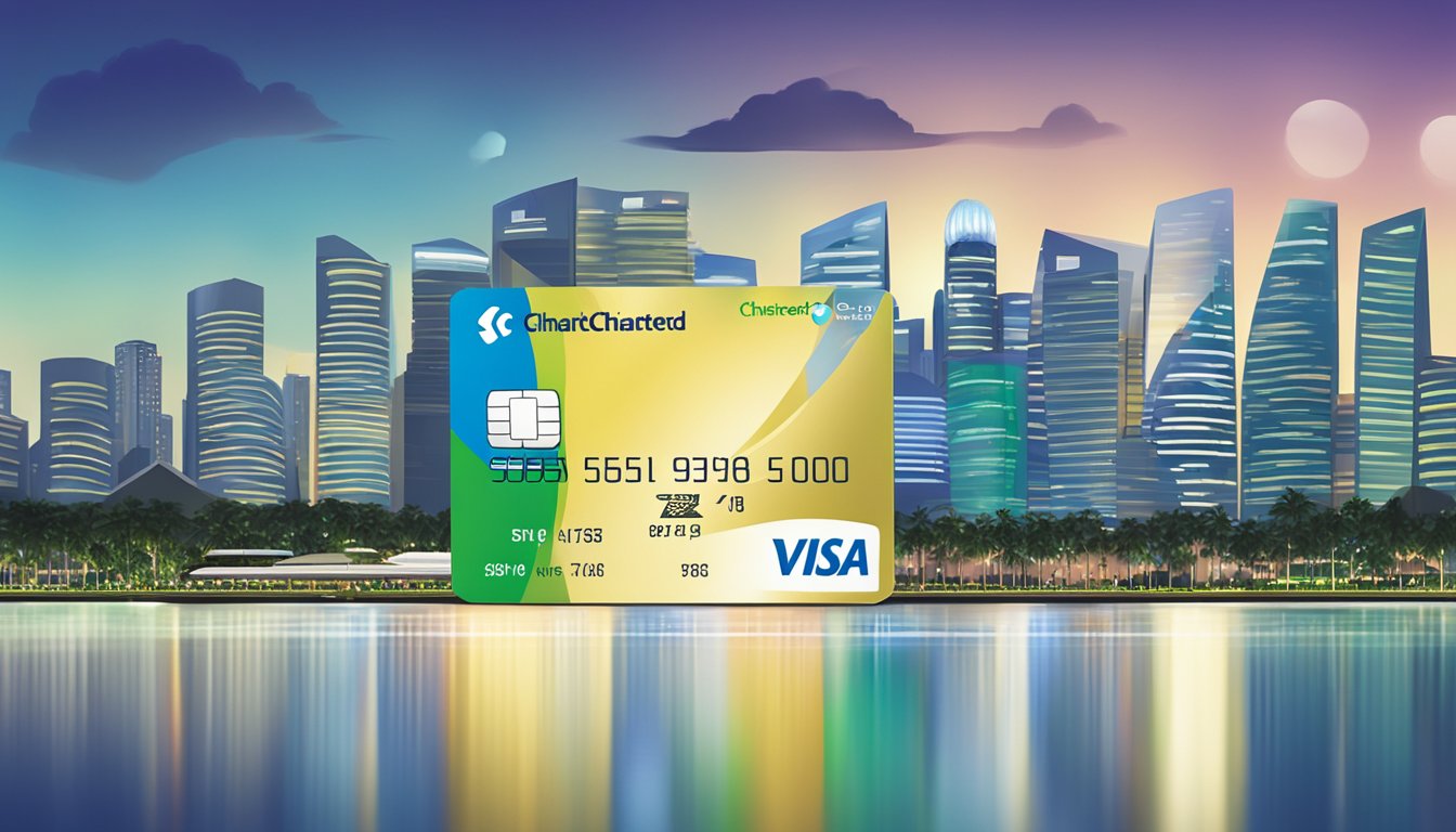 A gleaming Standard Chartered Visa Infinite credit card against a Singapore skyline backdrop