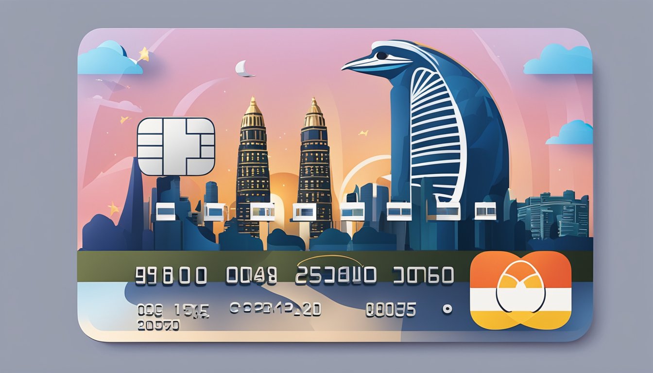 A luxurious credit card surrounded by iconic Singapore landmarks and symbols, with a sleek and modern design
