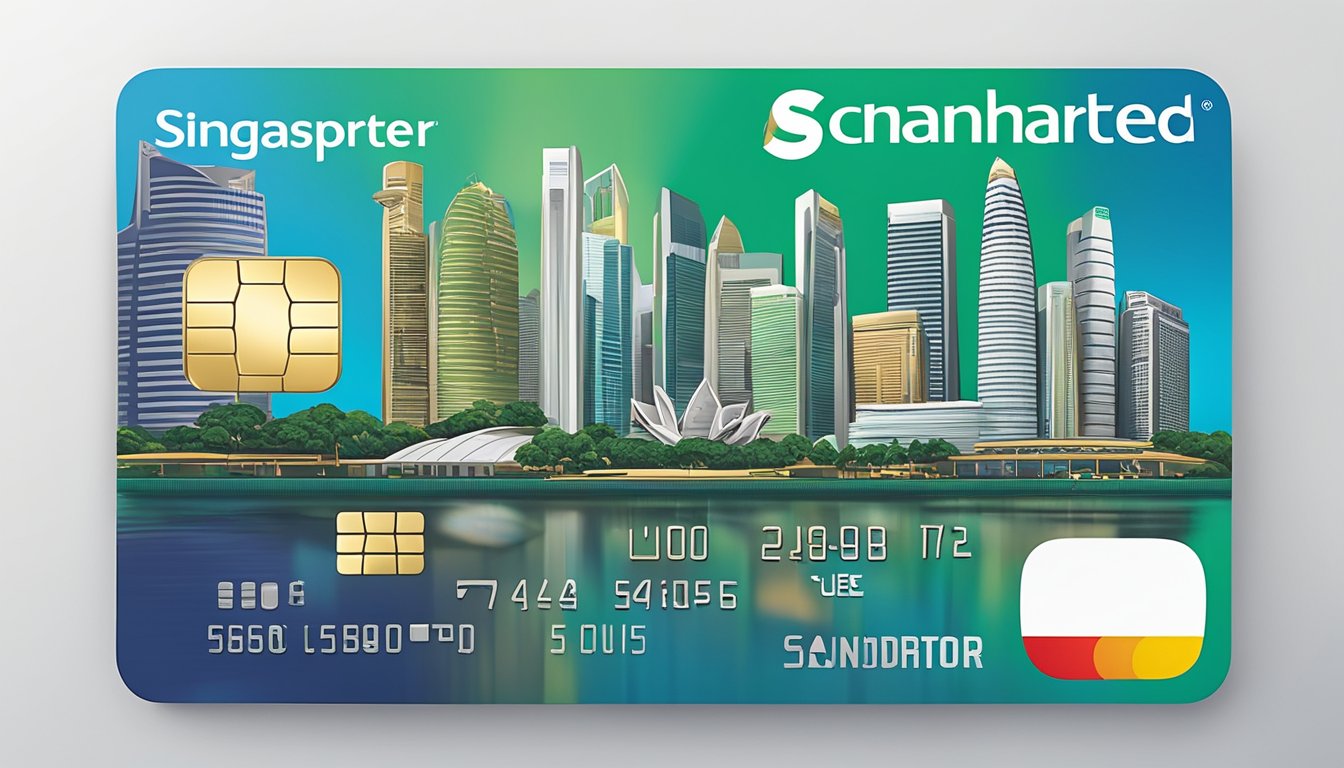 A luxurious credit card surrounded by iconic Singapore landmarks and symbols, with the Standard Chartered logo prominently displayed