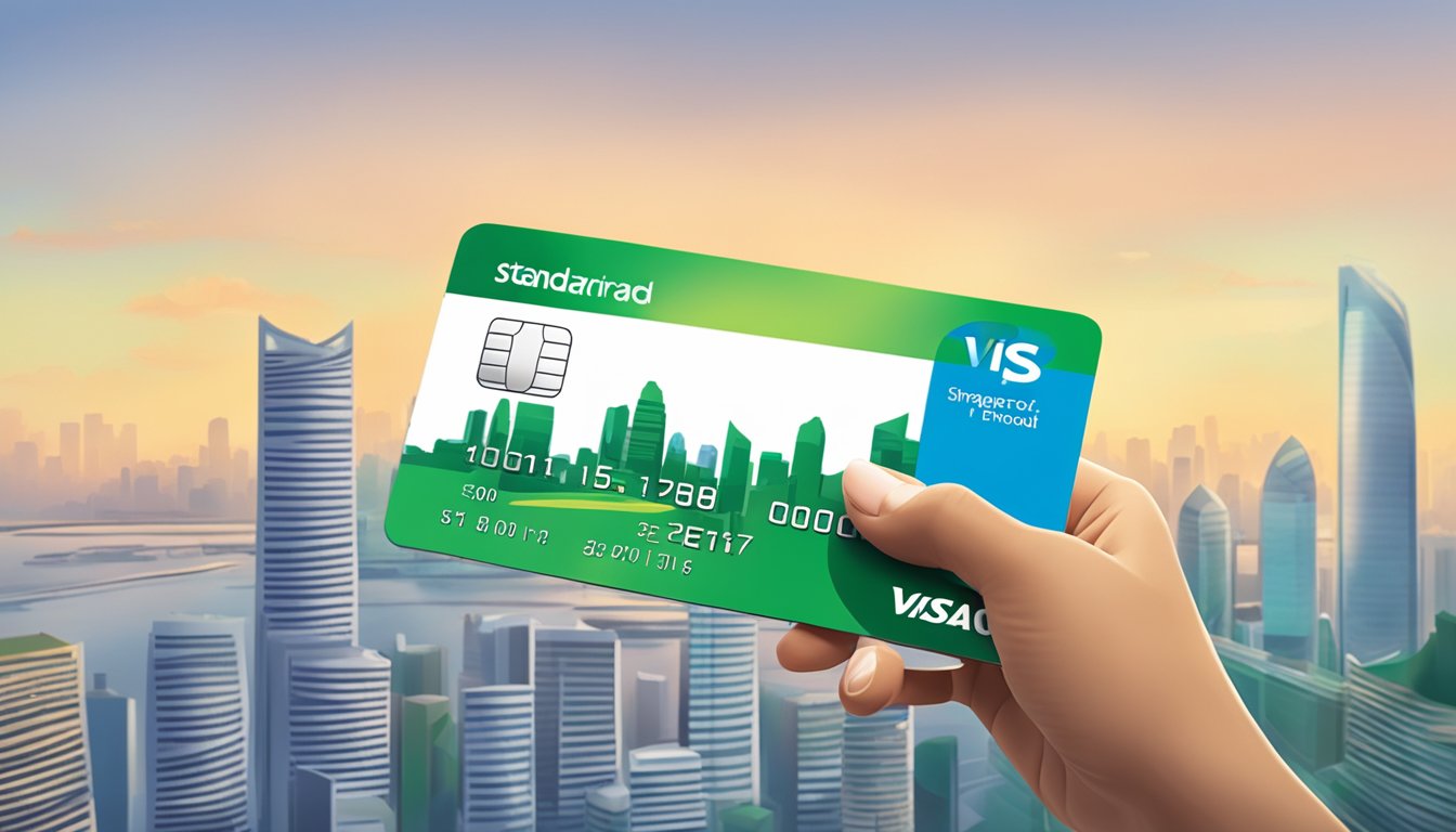 A hand holding a Standard Chartered Visa Infinite credit card, with a Singaporean skyline in the background
