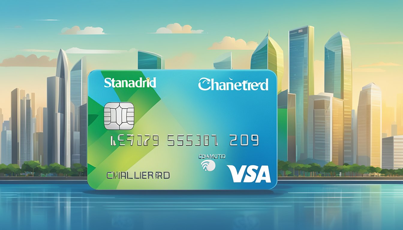 A sleek credit card with the Standard Chartered logo, surrounded by frequently asked questions in small text, set against a backdrop of the Singapore skyline