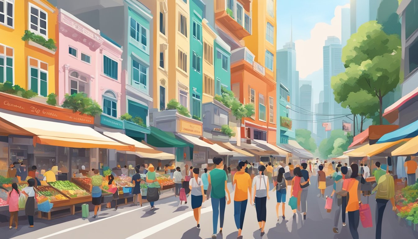 A bustling street in Singapore, with colorful storefronts and bustling markets, filled with vibrant and diverse people