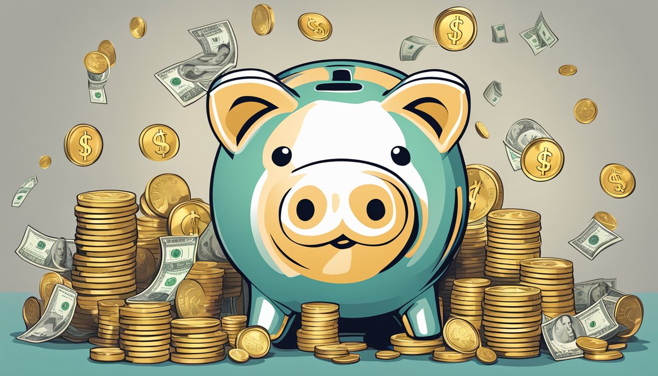 A piggy bank overflowing with coins and dollar bills, surrounded by stacks of money and financial charts