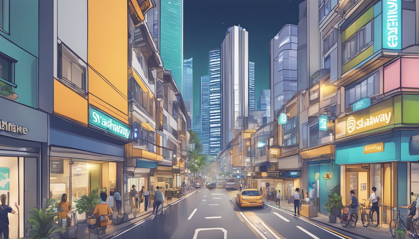 A bustling Singapore street with StashAway and Syfe logos on towering buildings, showcasing the competition between the two robo advisors