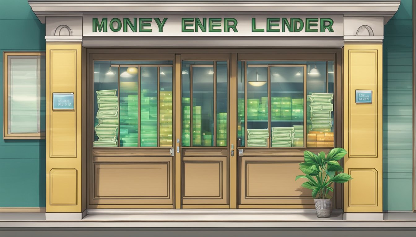 A money lender's open sign on holiday in Singapore. Loan requirements posted on the door