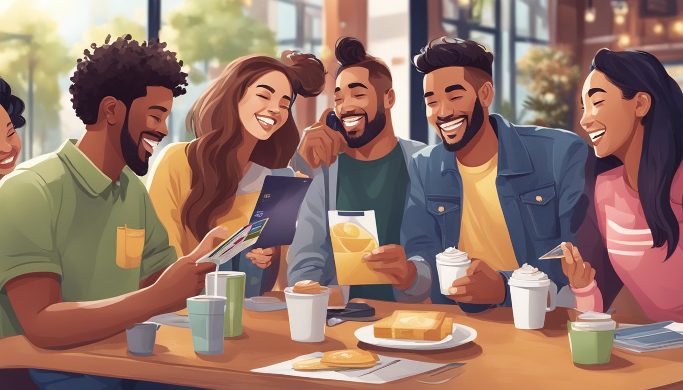 A group of students gather at a trendy cafe, using their student credit cards to pay for meals and drinks. Laughter and lively conversation fill the air as they enjoy the lifestyle and entertainment benefits of their cards