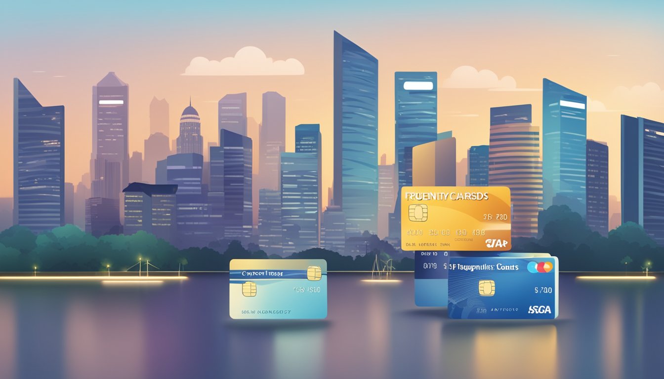 A stack of credit cards with "Frequently Asked Questions" text on a backdrop of the Singapore skyline