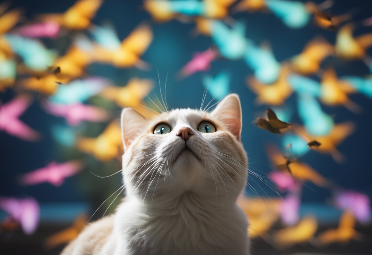 Cats fixate on a screen showing colorful, fluttering birds. Their eyes widen, ears perk, and tails twitch with excitement