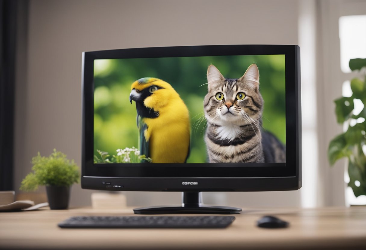 Cats fixate on a screen showing bird videos, their eyes wide and tails twitching. The room is quiet except for the sound of chirping and the occasional meow