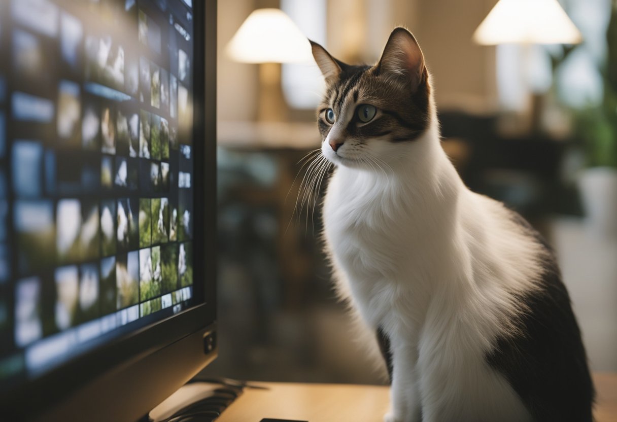 Cats fixate on a screen showing birds, their eyes wide and tails twitching. The room is quiet, with the only sound being the chirping and fluttering of the birds on the video