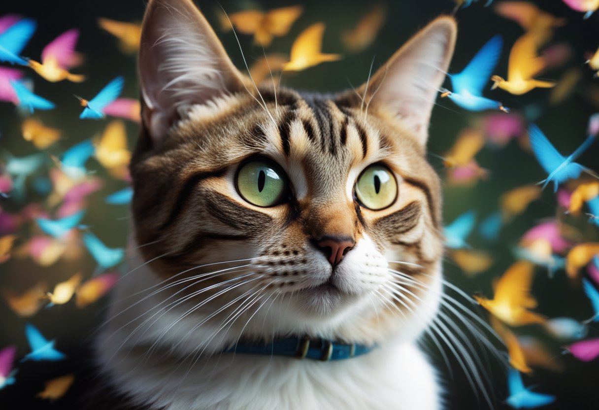 A cat sits mesmerized as colorful birds flit across a screen, chirping and fluttering. The cat's eyes track the movements, ears perked in fascination