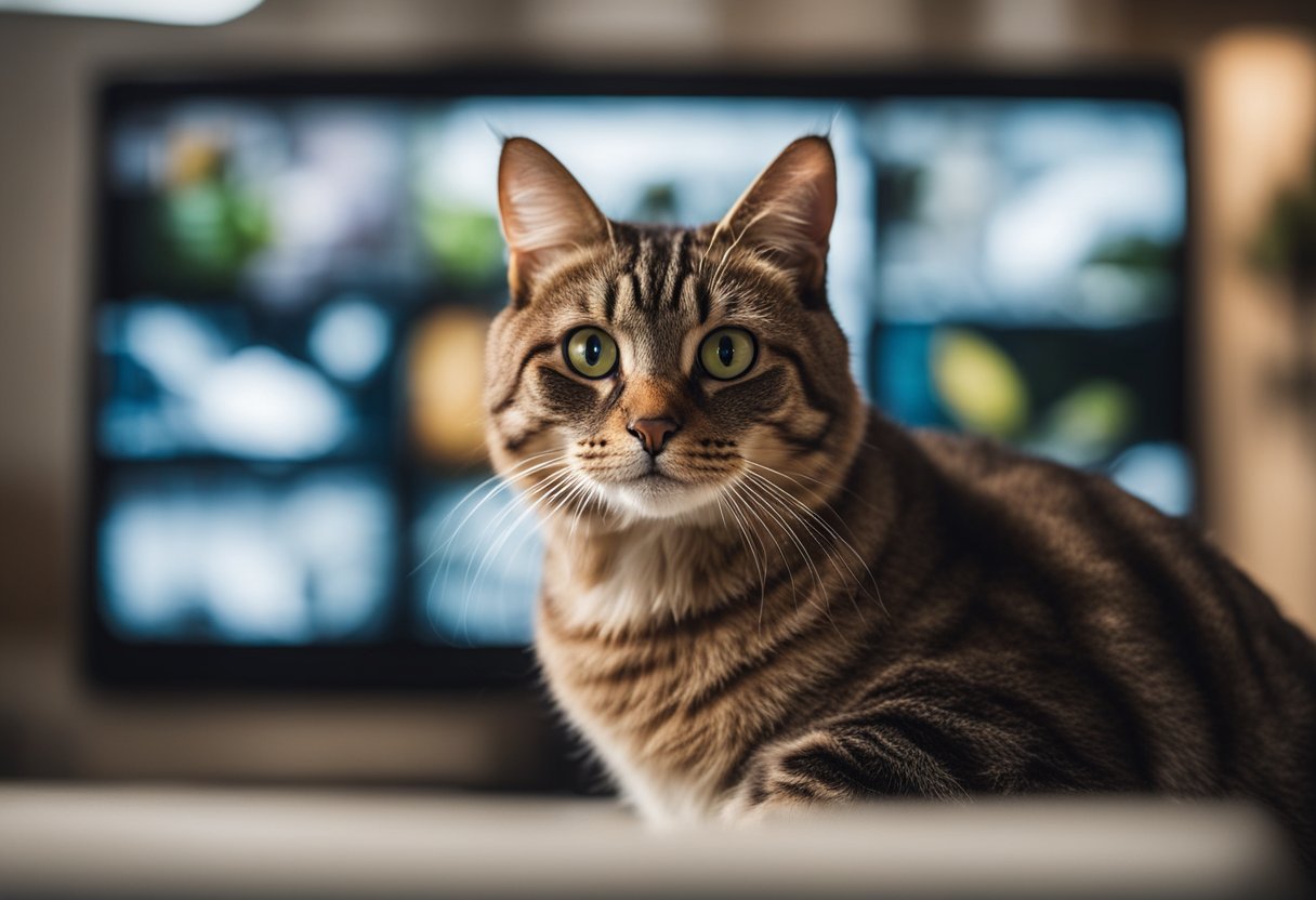 A cat sits in front of a screen, watching bird videos on different platforms. Its eyes are wide with interest as it paws at the images